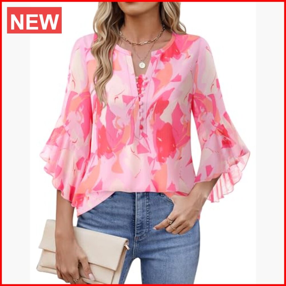 Polyester 3/4 Sleeve Button Down Blouse with V-Ne… - image 2
